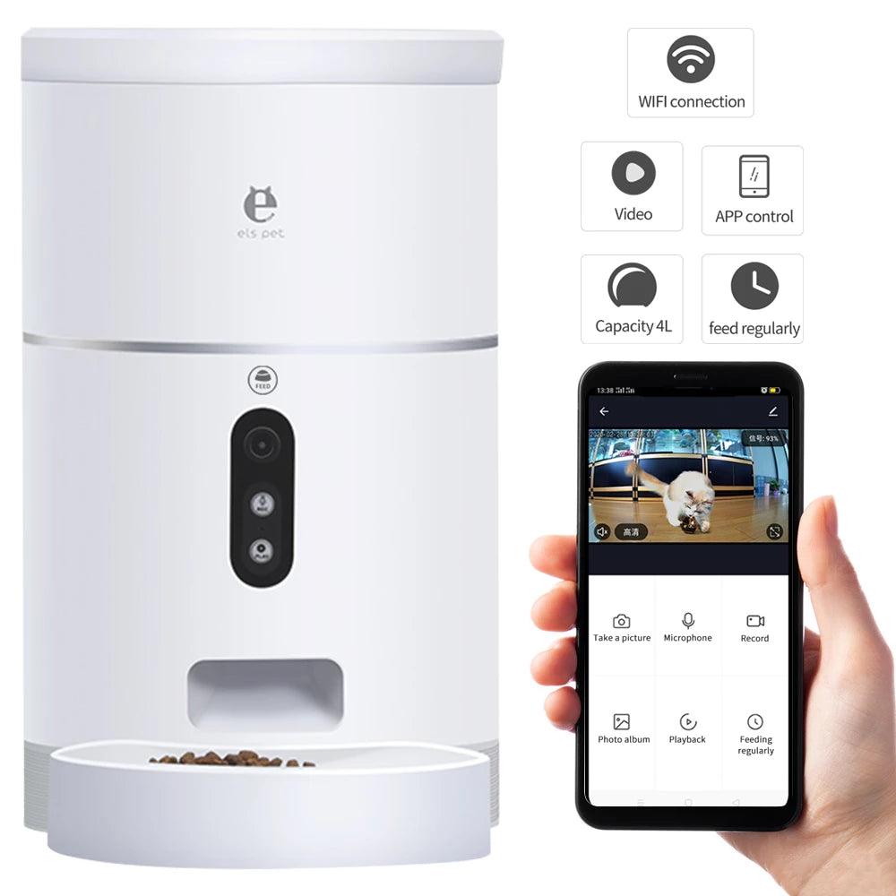 White pet feeder with smartphone app interface showing video feed and control options.