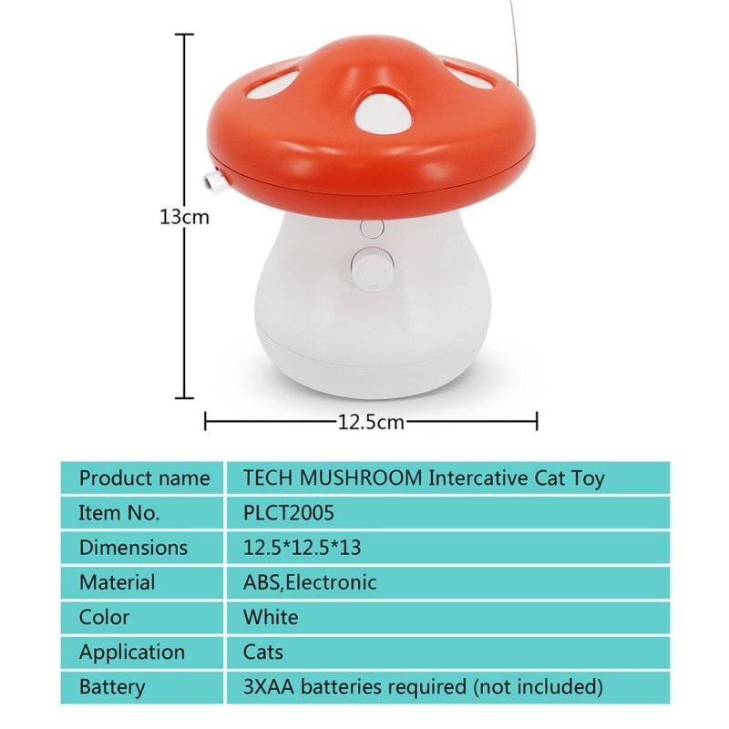 Mushroom-shaped cat toy with dimensions and product details on a white background