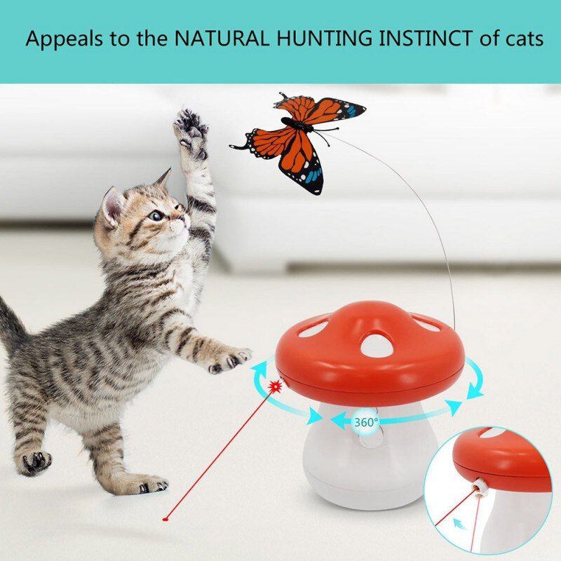 Cat playing with a toy that simulates a butterfly, appealing to the natural hunting instinct of cats.