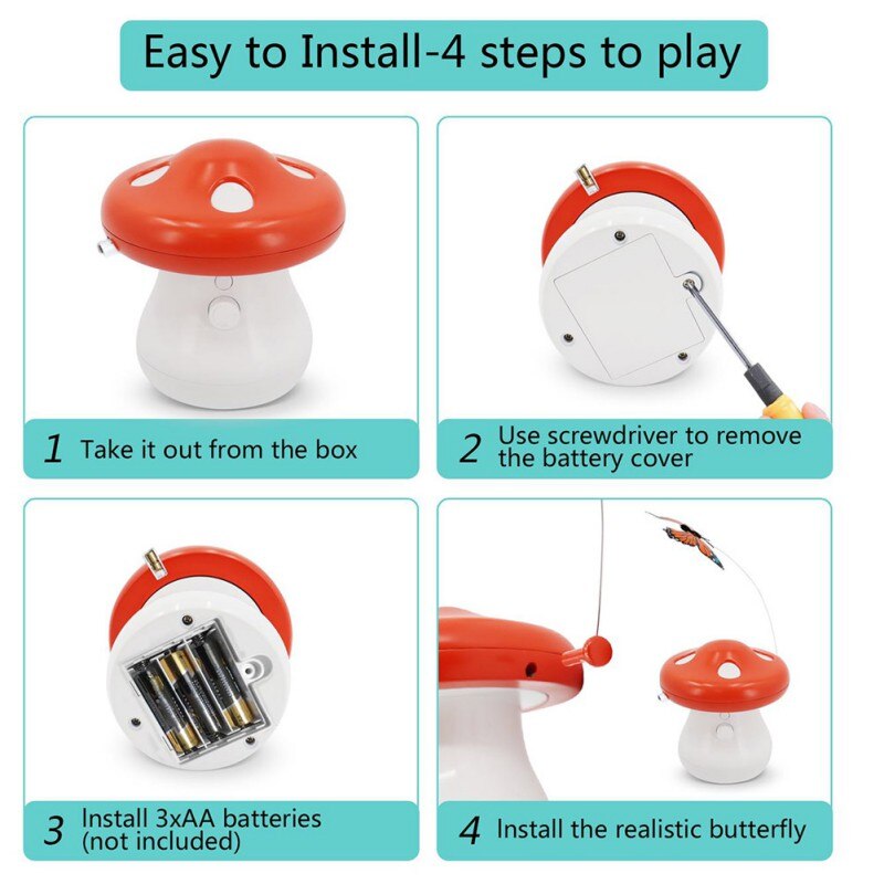 Step-by-step guide on how to set up a mushroom-shaped toy with butterfly, including installation of batteries.