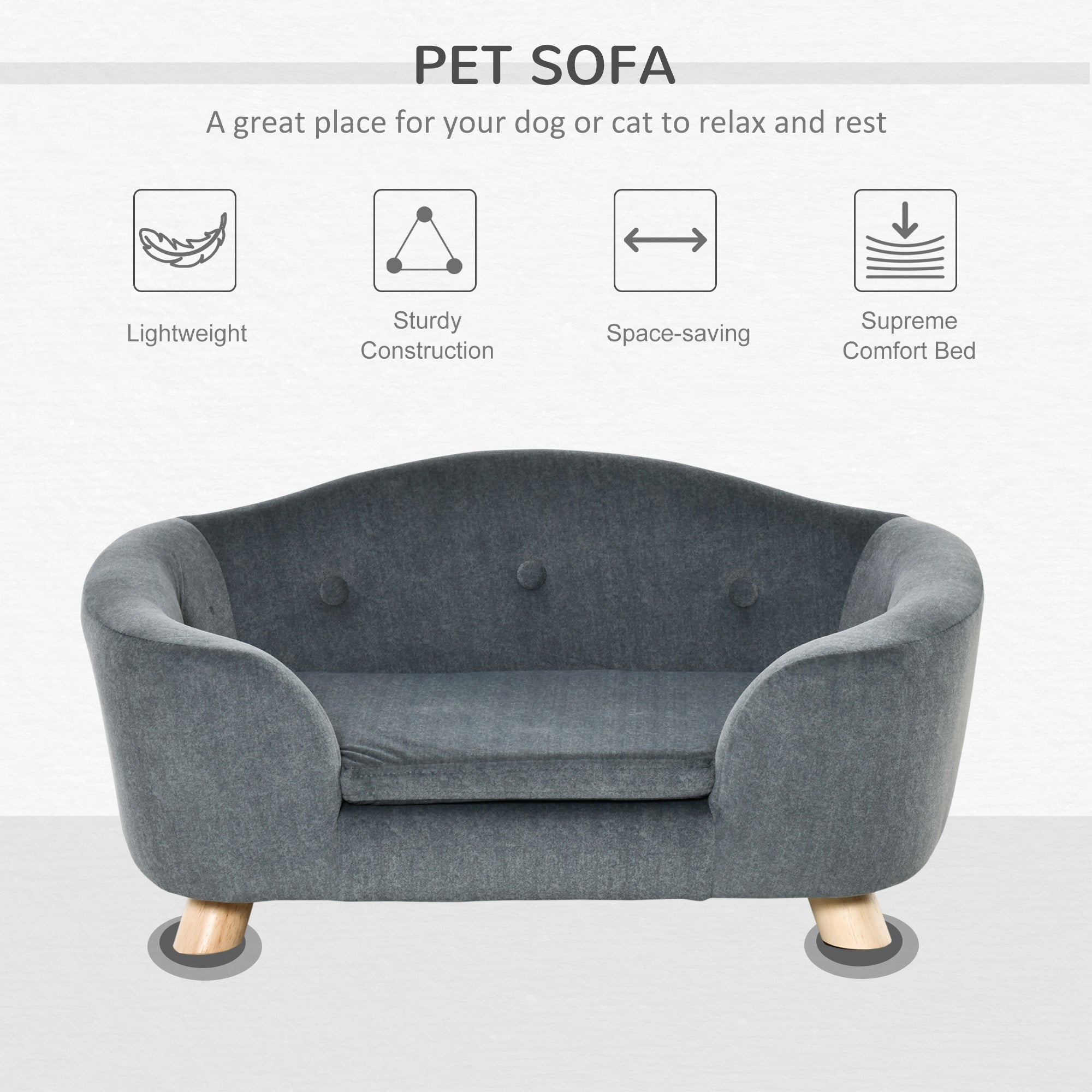 Gray pet sofa with features listed on a white background