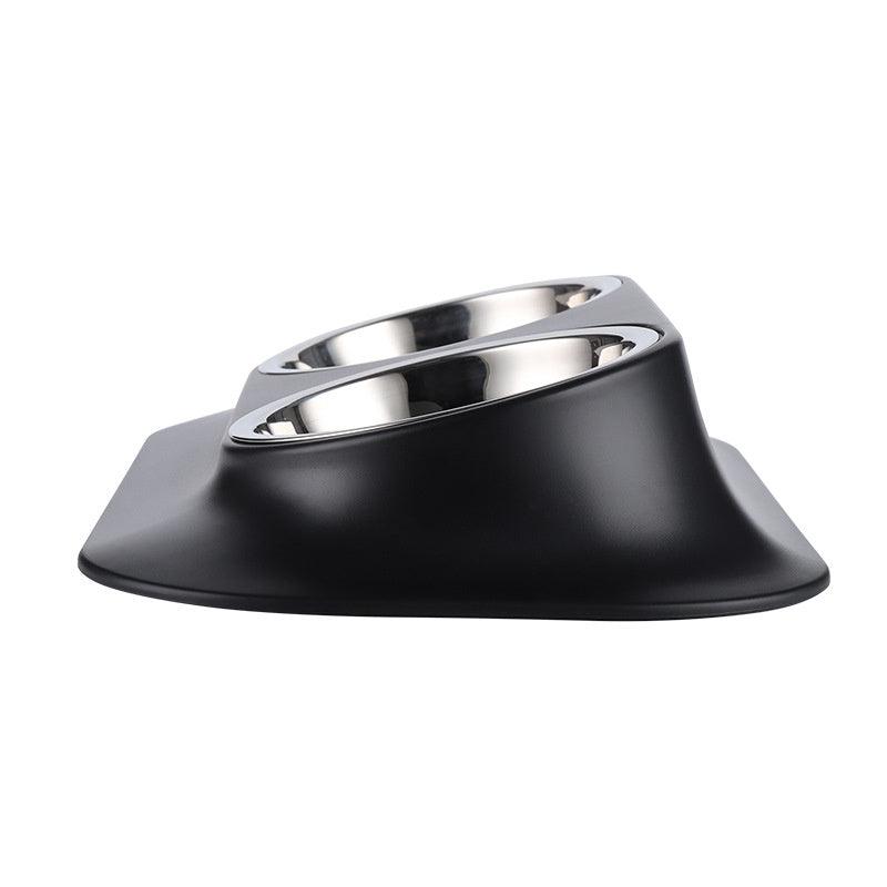 Black elevated dog bowl with a silver interior on a white background