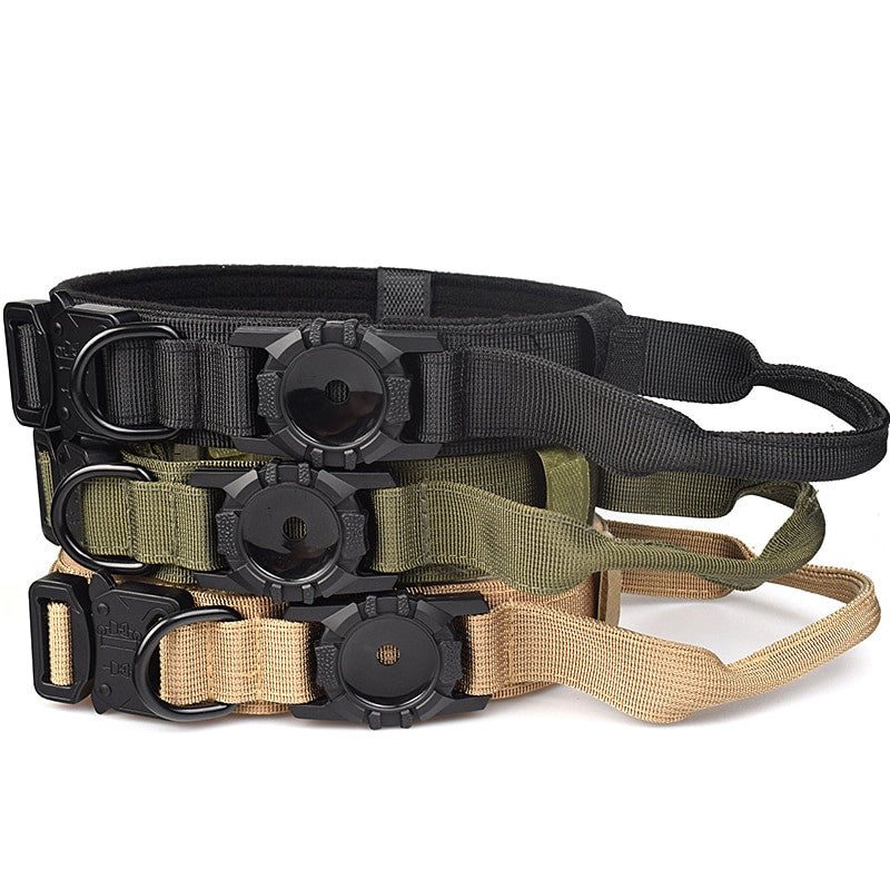 Three dog collars in black, green, and beige with plastic buckles on a white background.