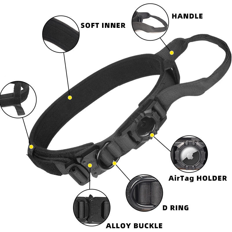 Black dog collar with labeled components on a white background