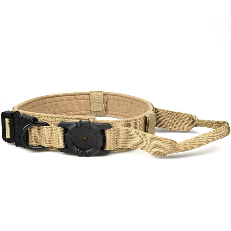 Tan dog collar with a black buckle on a white background
