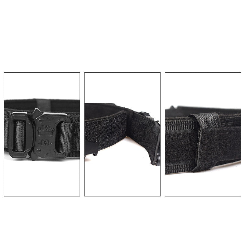 Black tactical belt with buckle on a white background