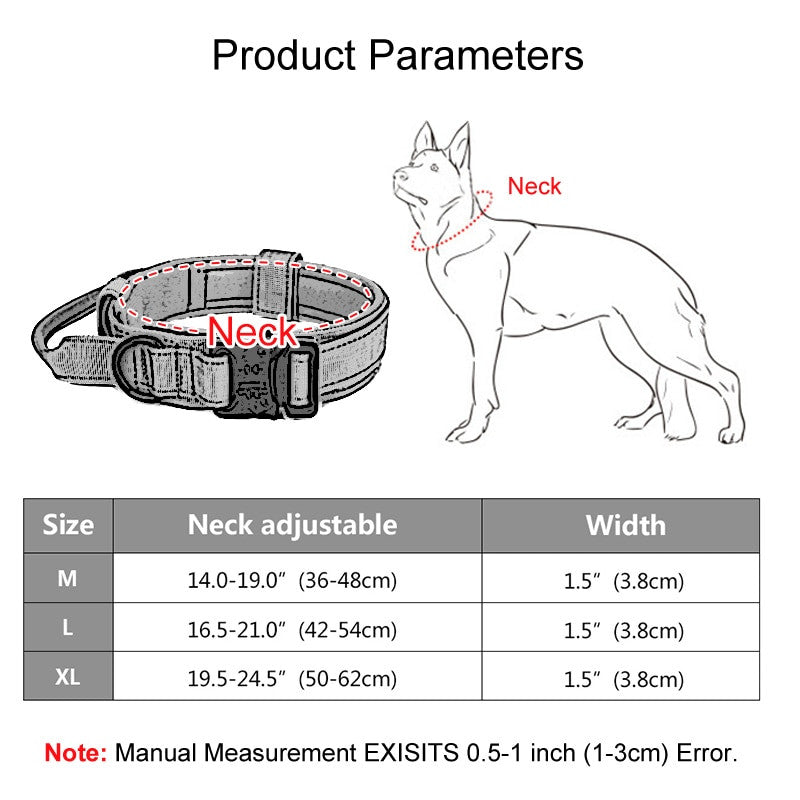 Dog collar size chart with measurements and a diagram of a dog wearing the collar.