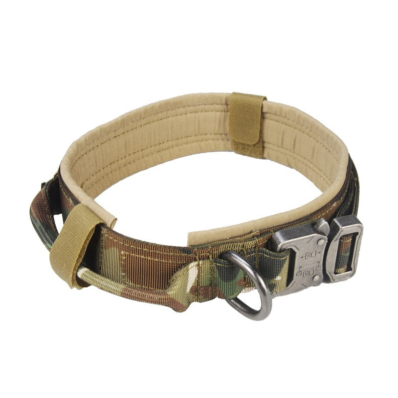 Dog collar with camouflage pattern and metal buckle on a white background