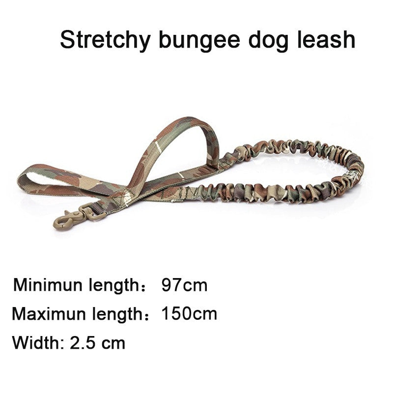 Camouflage stretchy bungee dog leash on a white background with text displaying length and width.