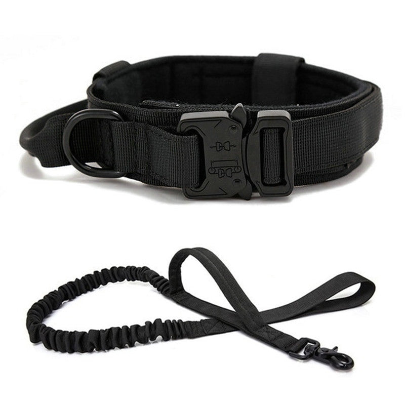 Black dog collar and leash set on a white background