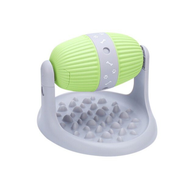 Pet toy with a green ball and gray base on a white background