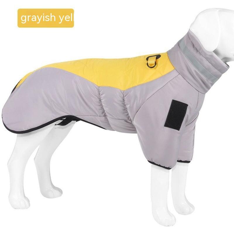 Grayish yellow and gray dog coat on a mannequin against a white background