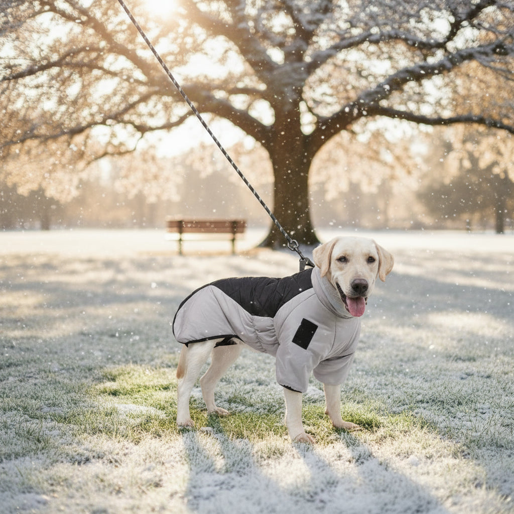 Dog in a winter coat standing on a frosty grassy area with trees in the background.