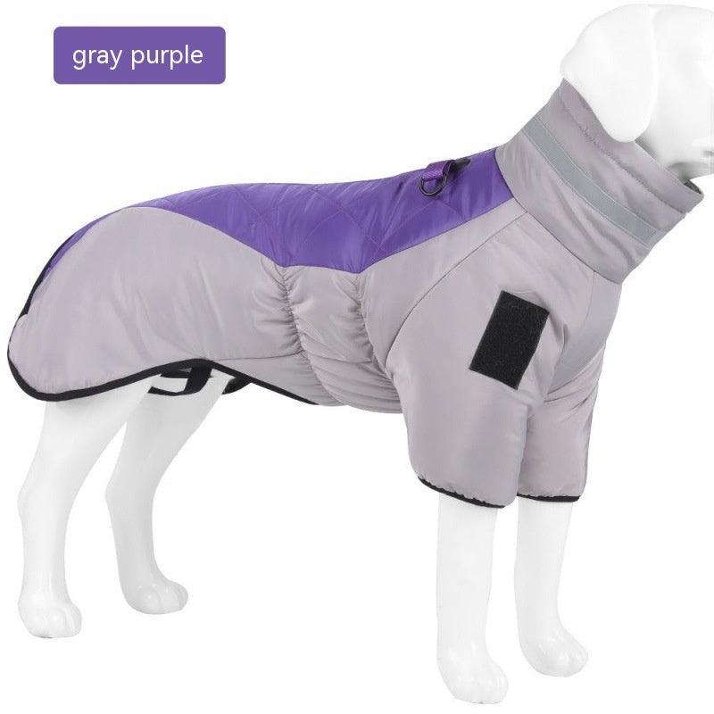 Gray and purple dog coat on a mannequin against a white background