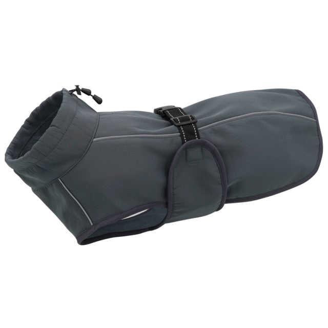 Gray dog coat with a black zipper on a white background