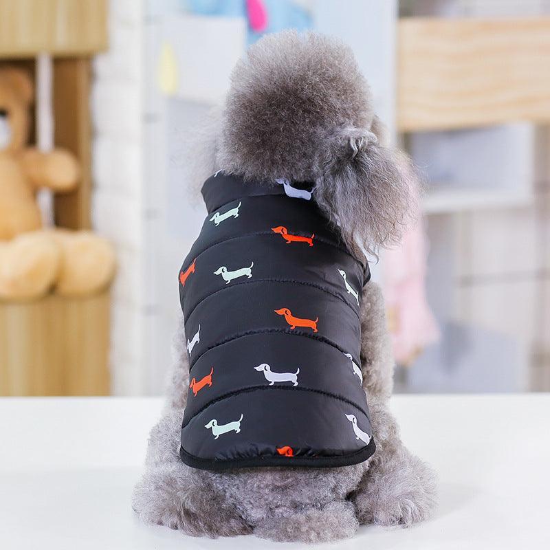 Dog wearing a black puffer vest with small dog prints in a blurred indoor setting