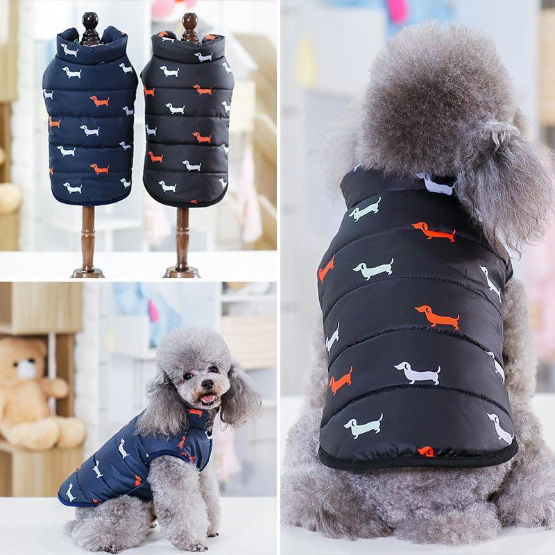 Dog coat with dachshund pattern on a dog and mannequin, with a blurred indoor background.