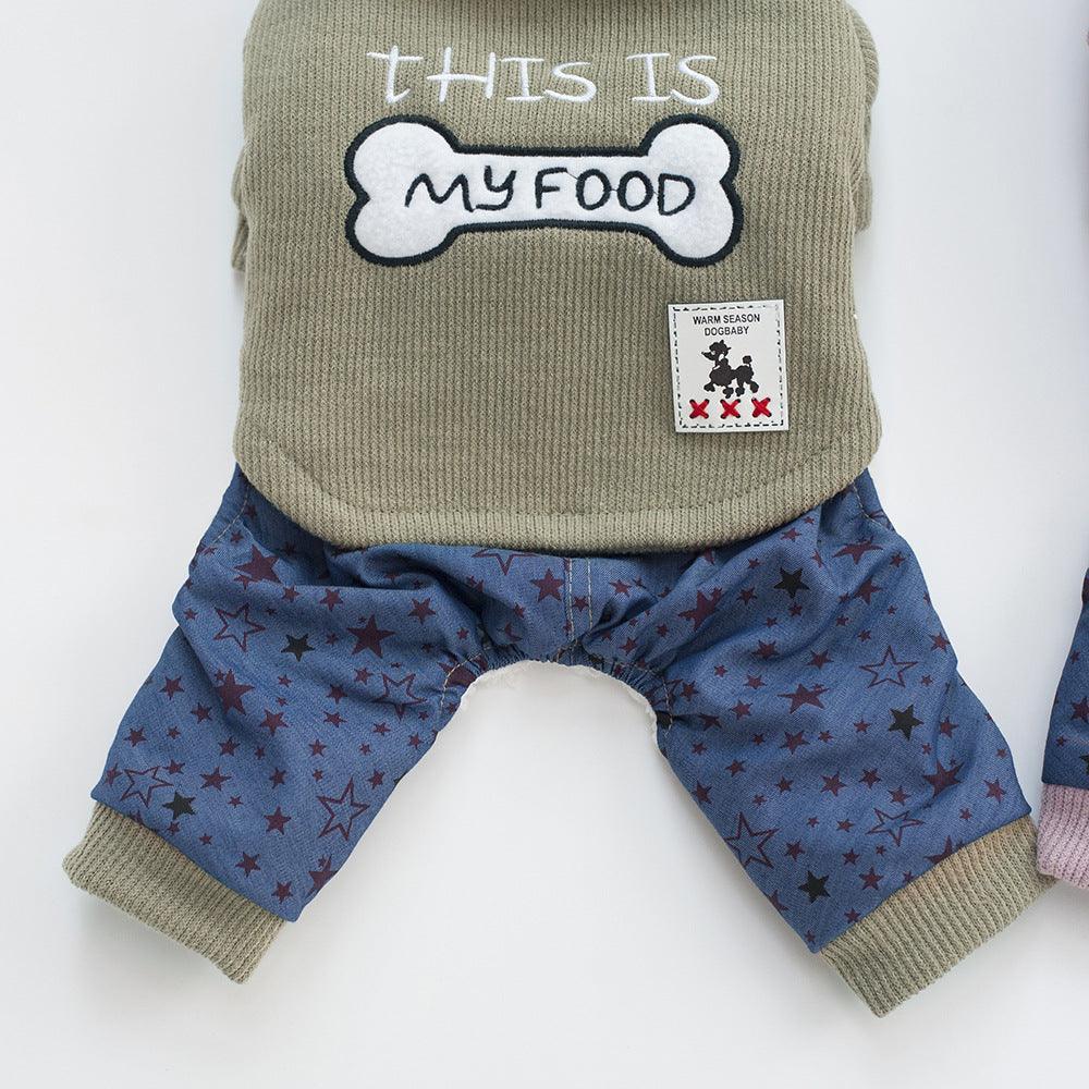 Dog outfit with 'This is my food' text and bone graphic on a white background