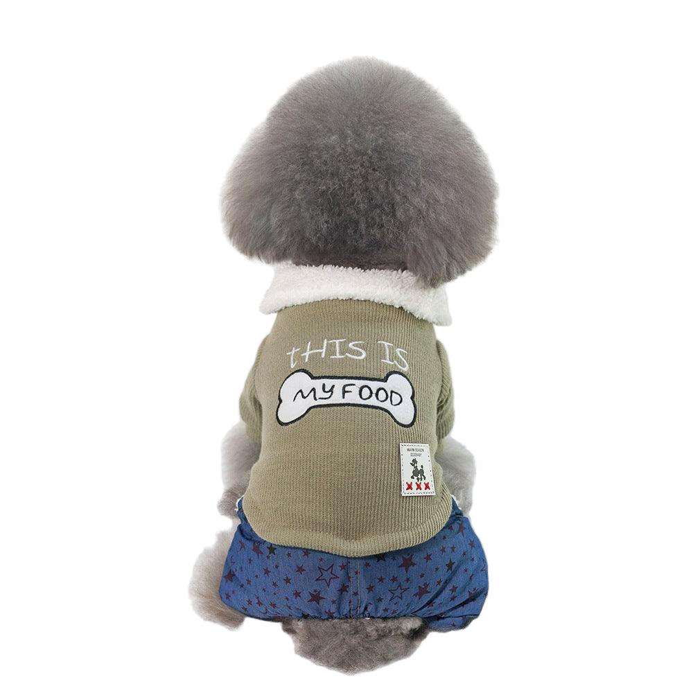 Dog wearing a jacket with 'This is my food' text on a white background