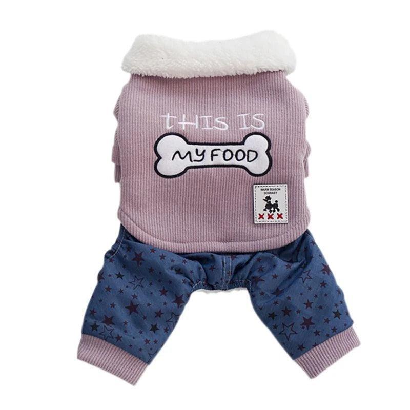 Pet outfit with pink sweater and blue pants on a white background