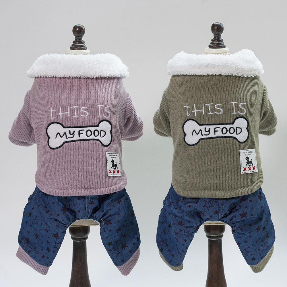 Two dog outfits on mannequins with 'This is my food' text and bone graphic.