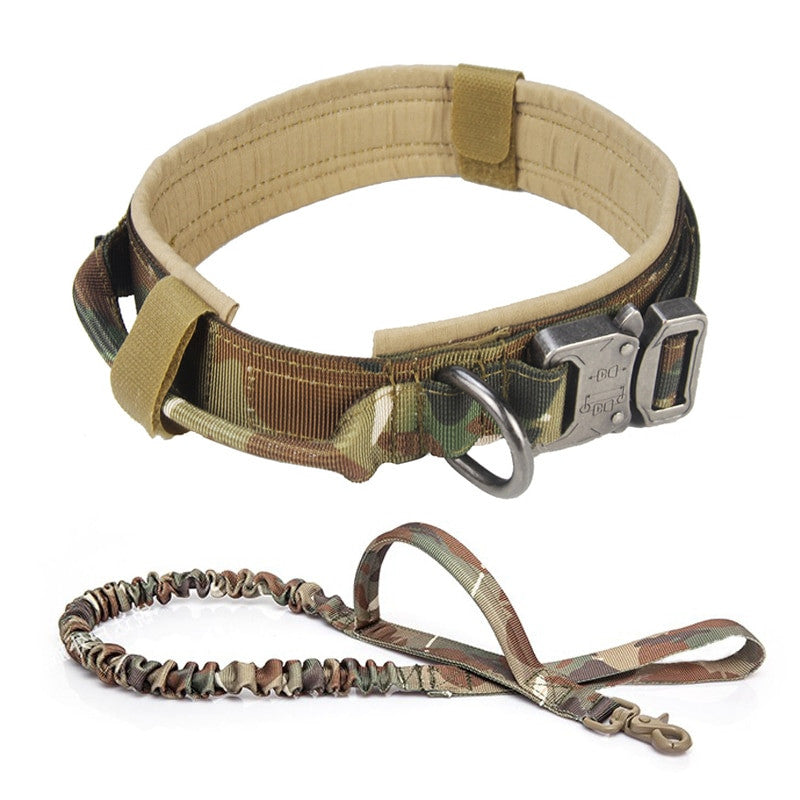 Camouflage dog collar and leash set on a white background